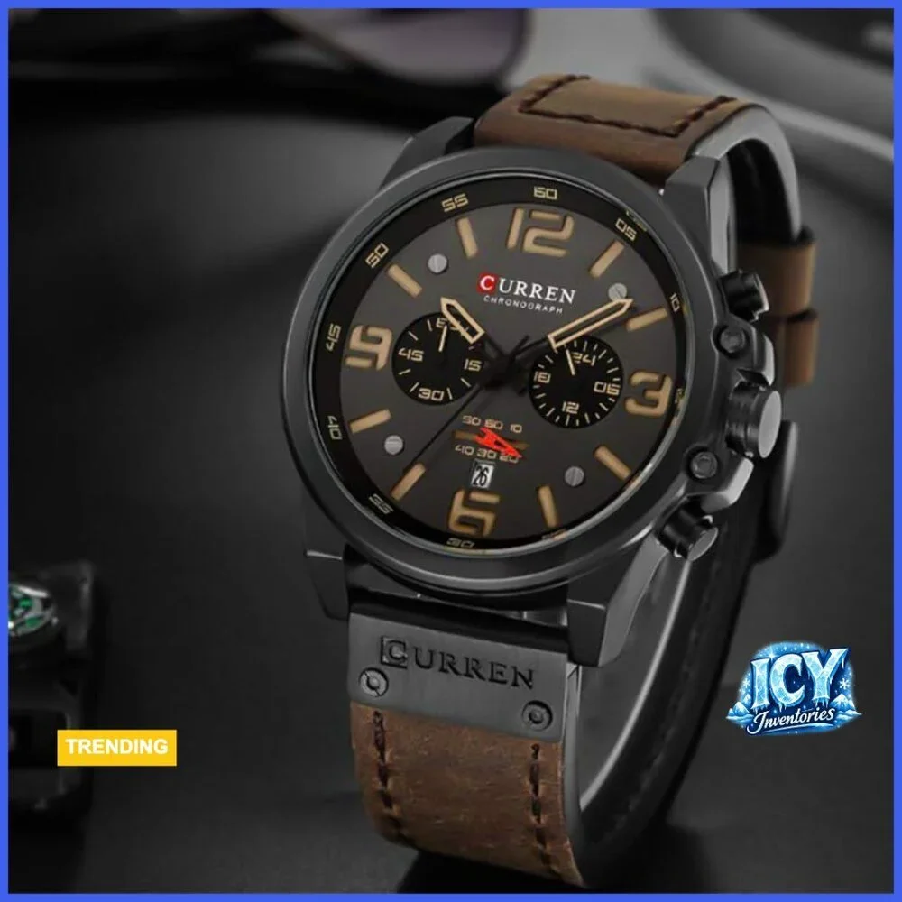 Men's Sport Military Analog Quartz Watch Leather Strap Chronograph Waterproof